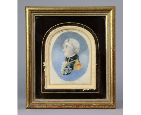 ENGLISH SCHOOL, 19th century. A portrait miniature of Lord Nelson in a blue oval, 3¼” x 2½”, (oval), in glazed rectangular fr