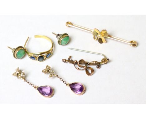 A pair of amethyst &amp; seed-pearl drop earrings; a pair of mottled green &amp; white jade studs; a single hoop earring set 