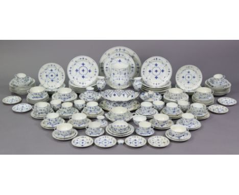 AN ASSEMBLED ROYAL COPENHAGEN PORCELAIN BLUE FLUTED & PLAIN HALF-LACE PATTERN 129-PIECE PART DINNER, DESSERT & TEA SERVICE, b