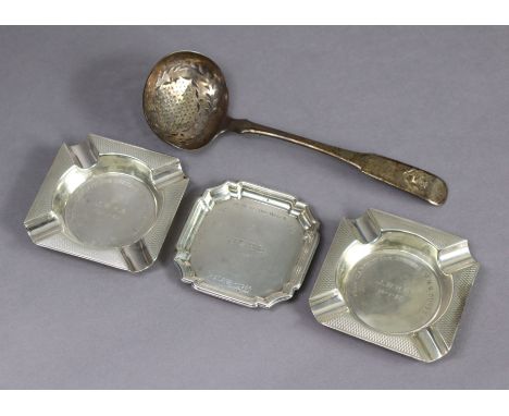A pair of George V silver square ashtrays with engraved inscription: “From Captain &amp; Officers, H. M. S. Dunedin, 15-1-38”