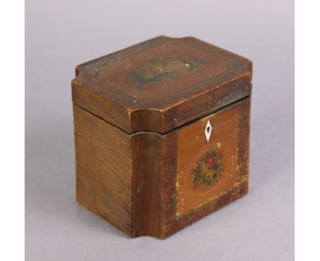 A George III painted rectangular tea caddy with concave corners, mahogany veneers &amp; painted floral decoration, the foil-l