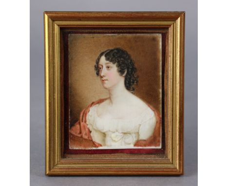 An early-mid 19th century portrait miniature of a lady, with shoulder-length curled brown hair, wearing white dress with red 