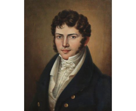 ENGLISH SCHOOL, 19th century. Portrait of a gentleman, head &amp; shoulder length, wearing blue jacket with white waistcoat &