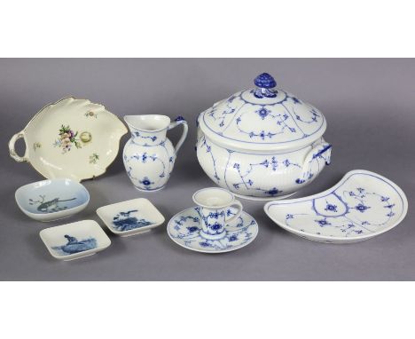 A Royal Copenhagen blue fluted plain half lace soup tureen, 9” wide x 7½” high; a ditto chamber candlestick, kidney-shaped di
