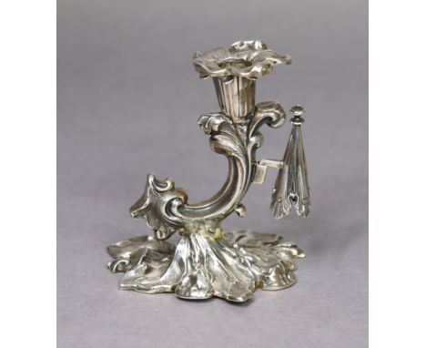 An early Victorian silver taper stick of foliate design, with detachable drip-pan &amp; snuffer cone, 3¼” high; Sheffield 184