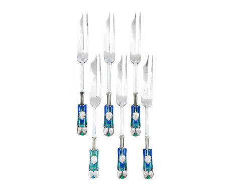 Archibald Knox (1864-1933) For Liberty &amp; Co., London: A Matched Set of Six Arts &amp; Crafts Silver and Enamel Pastry For