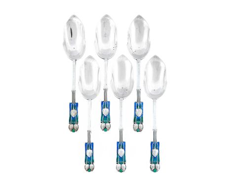 Archibald Knox (1864-1933) For Liberty &amp; Co., London: A Matched Set of Six Arts &amp; Crafts Silver and Enamel Grapefruit