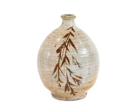 Philip (Phil) Marston Rogers (1951-2020): A Stoneware Ovoid Bottle Vase, with tenmoku glaze brushwork, impressed seal mark,28