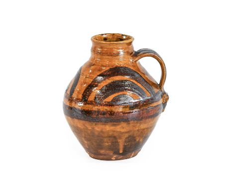 Leach Pottery (St Ives): An Earthenware Jug, circa 1930, rich toffee-brown glaze with iron-painted decoration, impressed Leac