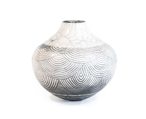 David Roberts (b.1947): A Large Raku Ceramic Vessel, covered in a white and grey crackle and concentric circles body, impress