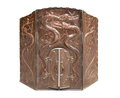 An Arts &amp; Crafts Newlyn School Folding Sectional Copper Firescreen, the centre section with arched doors, repoussé decora