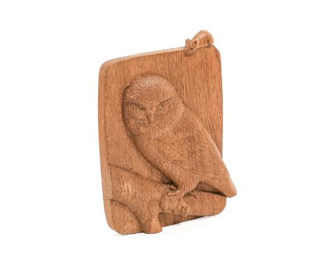 Workshop of Robert Mouseman Thompson (Kilburn): An English Oak Owl Plaque, with an owl perched on a branch with a mouse in it