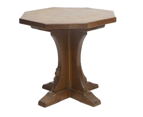 Robert Mouseman Thompson (1876-1955): An English Oak Octagonal Coffee Table, adzed top, on a cruciform base, with carved mous