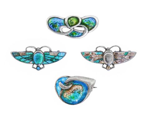 Three Arts and Crafts Silver and Enamel Brooches, by Charles Horner, two butterflies and a Celtic design, decorated with blue