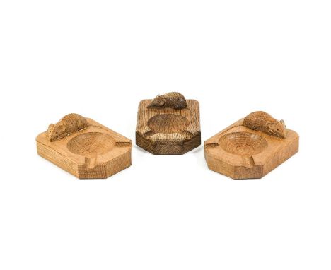Workshop of Robert Mouseman Thompson (Kilburn): Three English Oak Ashtrays, of standard rectangular form, each with carved mo