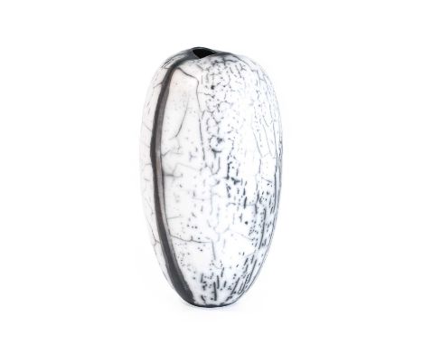 David Roberts (b.1947): A Raku Ceramic Vessel, smoked fired and crackle surface, impressed DR seal mark,34cm high