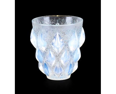 René Lalique (French, 1860-1945): An Opalescent, Clear and Frosted Glass Rampillon Vase, moulded with protruding lozenges on 