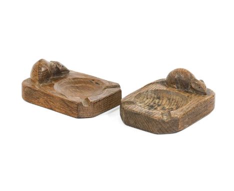 Robert Mouseman Thompson (1876-1955): Two English Oak Ashtrays, 1950s, of standard rectangular form, each with carved mouse t