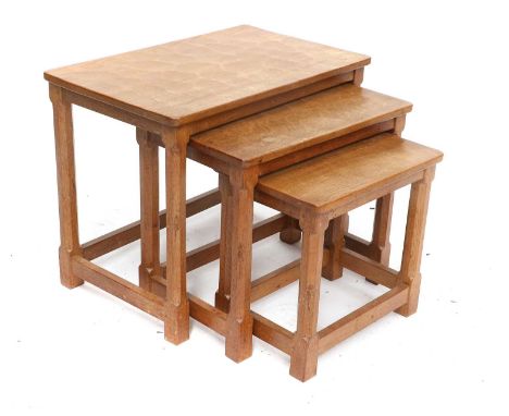 Workshop of Robert Mouseman Thompson (Kilburn): An English Oak Nest of Three Tables, adzed rectangular tops, on four octagona
