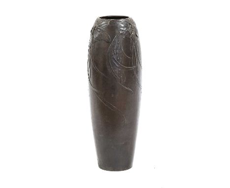 Hugo Elmqvist (Swedish, 1862-1930): An Art Nouveau Patinated Bronze Vase, cast with three butterflies, signed in the cast H.E