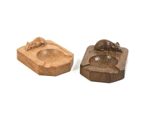 Workshop of Robert Mouseman Thompson (Kilburn): Two English Oak Ashtrays, of standard rectangular form, each with carved mous