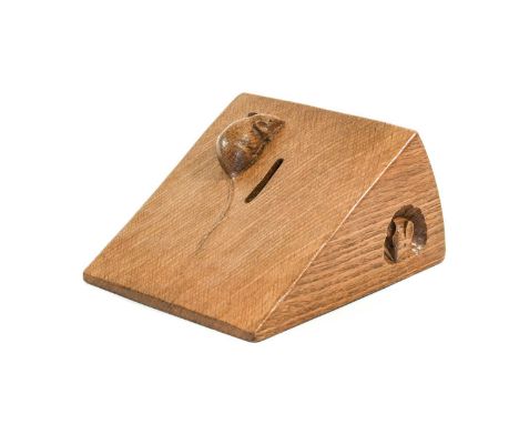 Workshop of Robert Mouseman Thompson (Kilburn): An English Oak Wedge of Cheese Money Box, with unusual two carved mice tradem