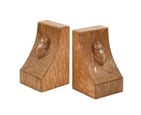 Workshop of Robert Mouseman Thompson (Kilburn): A Pair of English Oak Single Mouse Bookends, each with carved mouse trademark