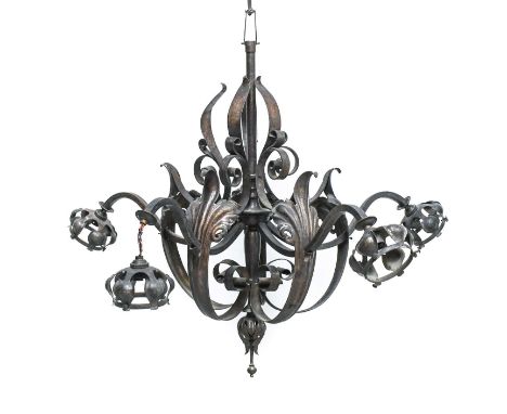 A Large Arts &amp; Crafts Electroplated Light Fitment, with five arms, scroll and leaf work, unmarked, link box chain,70cm hi