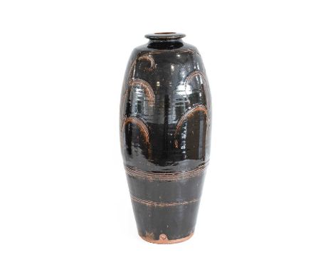 Philip (Phil) Marston Rogers (1951-2020): A Tall Floor-Standing Stoneware Bottle Vase, tenmoku glaze, incised decoration, imp