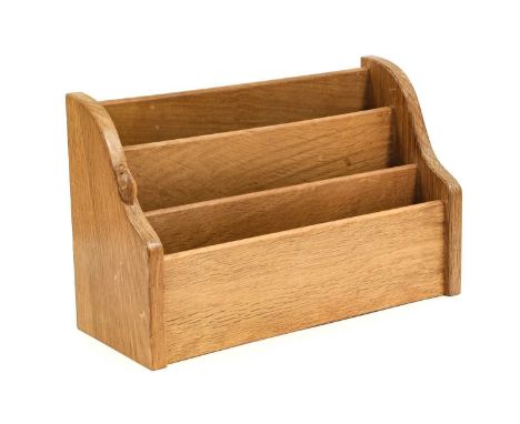 Workshop of Robert Mouseman Thompson (Kilburn): An English Oak Letter Rack, three tiered, with carved mouse trademark,33cm wi