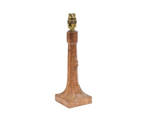 Workshop of Robert Mouseman Thompson (Kilburn): An English Oak Table Lamp, octagonal column on a square base, with carved mou