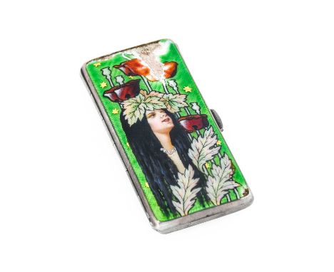 An Art Nouveau Silver and Enamel Cigarette Case, by Edward Larrett, decorated with a maiden and poppies, import marks for Lon