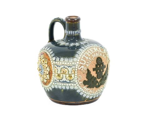 A Doulton Lambeth Stoneware Whisky Flask, circa 1898, applied thistle design and SUTHERLAND GRANT, MACKAY &amp; Co OLD HIGHLA