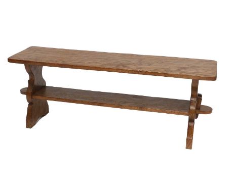 Gnomeman: Thomas Whittaker (1912-1991) (Littlebeck): An English Oak Coffee Table/Bench, the rectangular adzed top on two shap