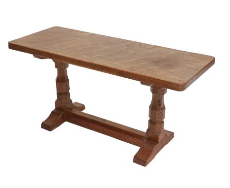 Workshop of Robert Mouseman Thompson (Kilburn): An English Oak 3ft Refectory Coffee Table, the rectangular adzed top on two o