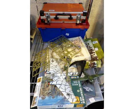 Tray of WWII related models including aeroplanes and two cases of modelling kit including enamel paints