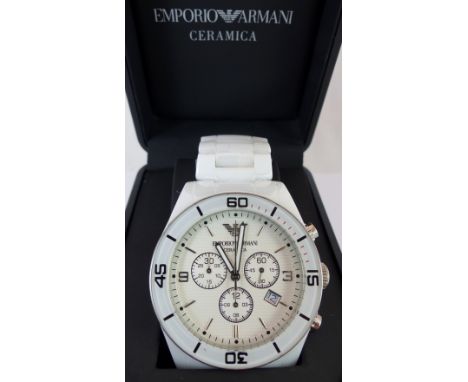 New Emporio Armani gents ceramic dress watch, white strap and dial with box and papers