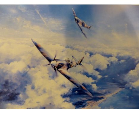 Framed print of a spitfire signed in pencil by Douglas Bader and Johnnie Johnson by Robert Taylor