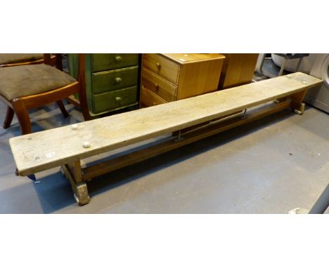Vintage beech wood school bench and beam. 265 cm.
