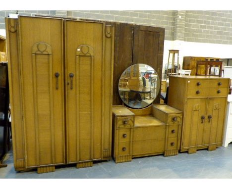 Vintage light oak Art Deco bedroom set, chest of drawers, dressing table, wardrobe and double bed ends with matching original