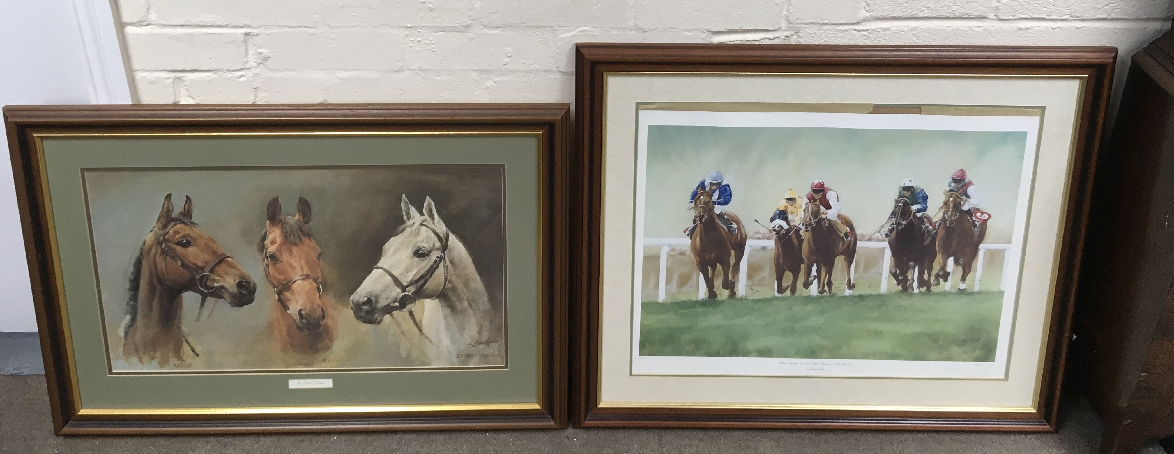 Two large framed horse racing prints comprising a S.Crawford 'We Three