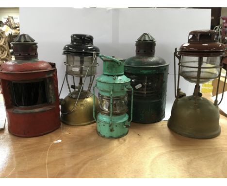 Vintage ships anchor lamp and pair of port and starboard lamps and two Tilley lamps (5)