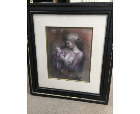 A framed Colin Frooms conte pencil drawing of a mother and child, approx 81cm x 92cm including frame. (with letter of provena