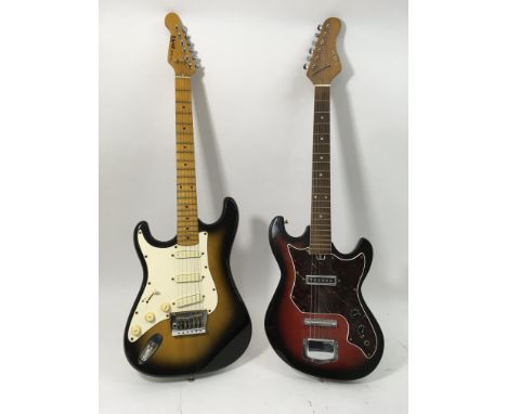 Two vintage electric guitars comprising Sakai in red and black and a left handed Hondo Fame a/f
