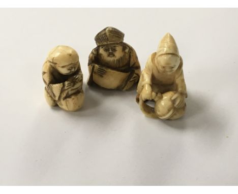 Three Japanese carved Ivory Netsuke in the form of elders. (3)