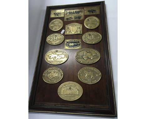 Framed collection of fourteen brass vintage and steam rally plaques