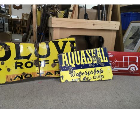 Vintage enamel signs for aquaseal and roofing felt and car sign for water cars