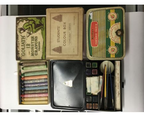 A vintage radio tin, artist's materials etc.