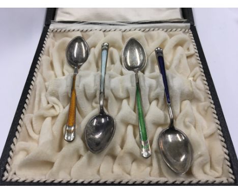 A set of Four silver and enamel tea spoons, the case with makers name K, Staudenmann, Trondhjam.