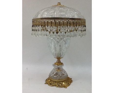 Etched glass and filigree metal lamp